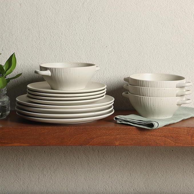 Gibson Elite Clover Hill 12-Piece Stoneware Dinnerware Set – White Cream Embossed Plates and Bowls with Matte Speckled Reactive Glaze, Service for 4 – Microwave & Dishwasher Safe