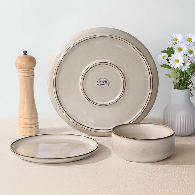 Herogo Stoneware Plates and Bowls Sets for 4, 12 Pieces Modern Round Dinnerware, Reactive Glaze Dishes Set for Kitchen, Chip Resistant, Microwave & Dishwasher Safe, Cream Khaki