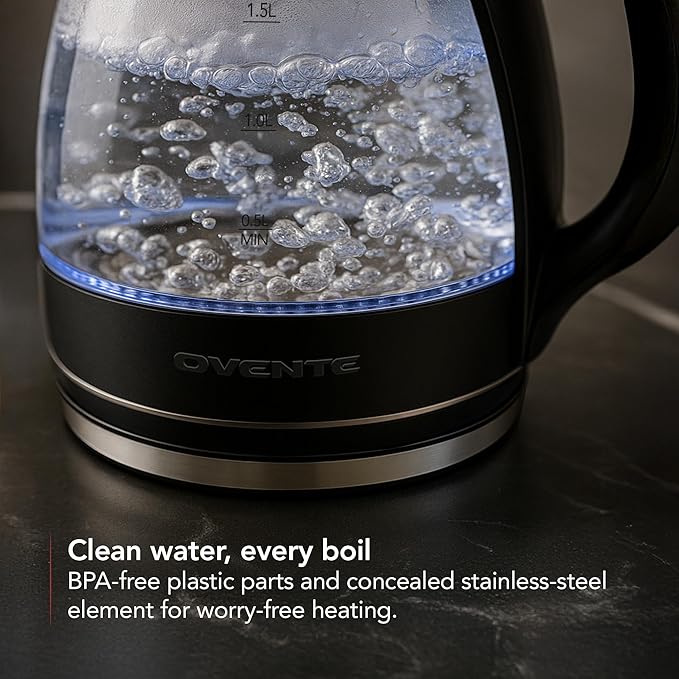 OVENTE Electric Kettle, 1.5L Borosilicate Glass Countertop Water Heater and Boiler for Coffee or Tea, BPA-Free, Auto Shut-Off, Boil-Dry Protection, Removable and Washable Spout Filter, Black KG83B