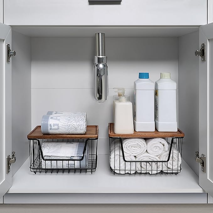 SunnyPoint Set of 2 Kitchen, Laundry & Pantry Storage Organizers – Stackable Bins with Acacia Wood Top, Large Trash Bag Holder & Standard Garbage Bag Dispenser (Acacia, BLK)