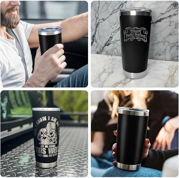 OMTech 20oz Tumblers Bulk, 6pc Stainless Steel Tumbler Set with Lid & Straw, Double Wall Vacuum Insulated Mug for Laser Engraver, Travel Coffee Mug for Hot & Cold Drinks, Black Powder Coated Cup