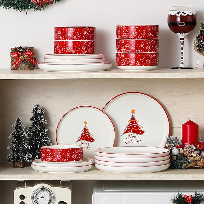 MALACASA Plates and Bowls Sets, 18 Pieces Christmas Porcelain Dinnerware Set for 6, Ceramic Dishware Dishes Kitchen Dining Ware Set, Microwave and Dishwasher Safe, Series LUNA-Christmas Tree