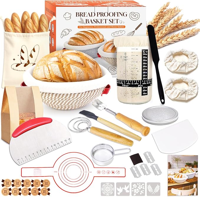 Sourdough Bread Baking Supplies Kit, 10" Oval & 9" Round Bread Proofing Basket Set Jar Scraper Scoring Lame Brush Short Danish Whisk, Sourdough Starter Kit Gift for Bread Making (Round & Jar)