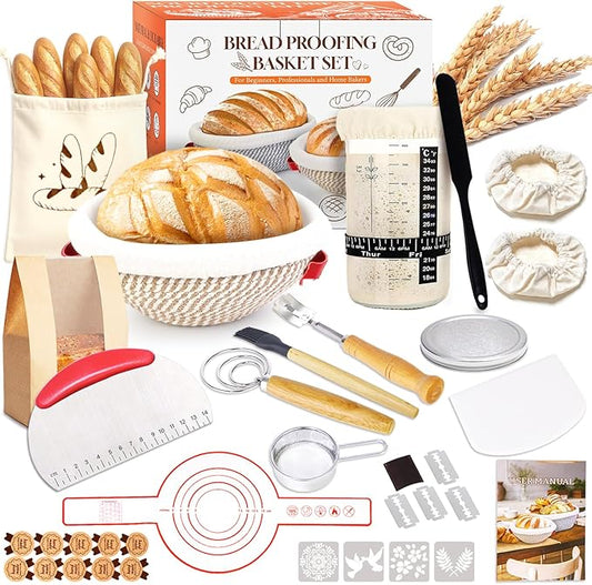 Sourdough Bread Baking Supplies Kit, 10" Oval & 9" Round Bread Proofing Basket Set Jar Scraper Scoring Lame Brush Short Danish Whisk, Sourdough Starter Kit Gift for Bread Making (Round & Jar)