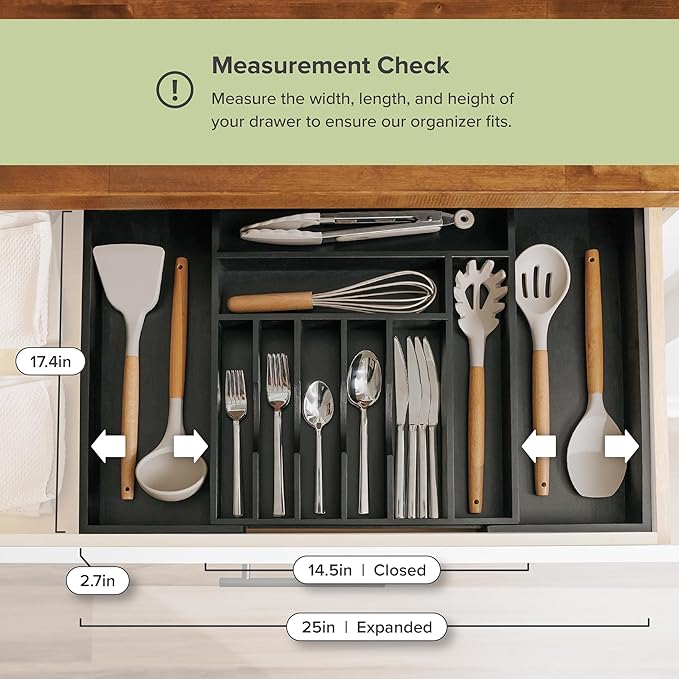 KitchenEdge Premium Silverware, Flatware and Utensil Organizer for Kitchen Drawers, Food-Safe Contract Grade, Expandable from 14.5 to 25 In, Black Bamboo