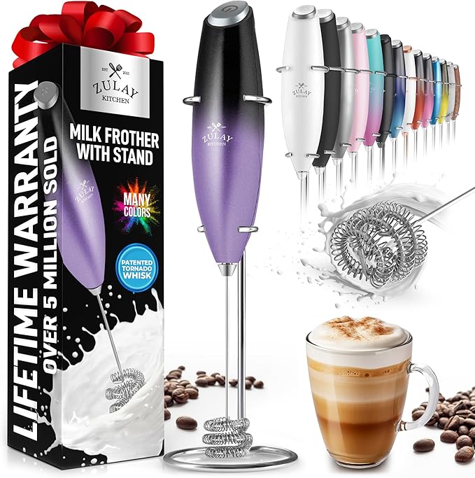 Zulay Kitchen Milk Frother with Patented Tornado Triple Whisk – Handheld Foam Maker for Coffee, Lattes, Matcha & Hot Chocolate – Rich, Creamy Froth in Seconds -