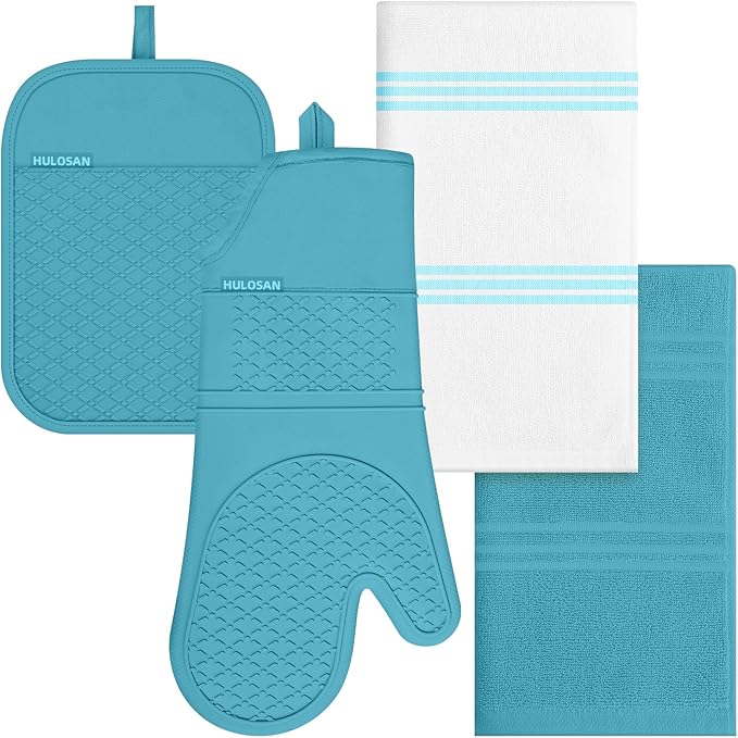 Oven Mitt and Pot Holders Sets, Quilted Cotton Terry Cloth,Non-Slip Pot Holder, Silicone Oven Mitt Heat Resistant, Oven Mittens 7.3"x14.2", Hot Pad 7"x10" & Dish Cloths 13"x25"