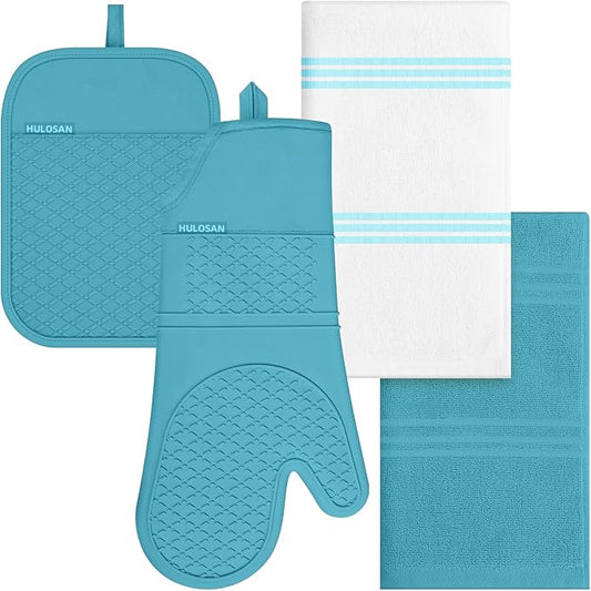 Oven Mitt and Pot Holders Sets, Quilted Cotton Terry Cloth,Non-Slip Pot Holder, Silicone Oven Mitt Heat Resistant, Oven Mittens 7.3"x14.2", Hot Pad 7"x10" & Dish Cloths 13"x25"