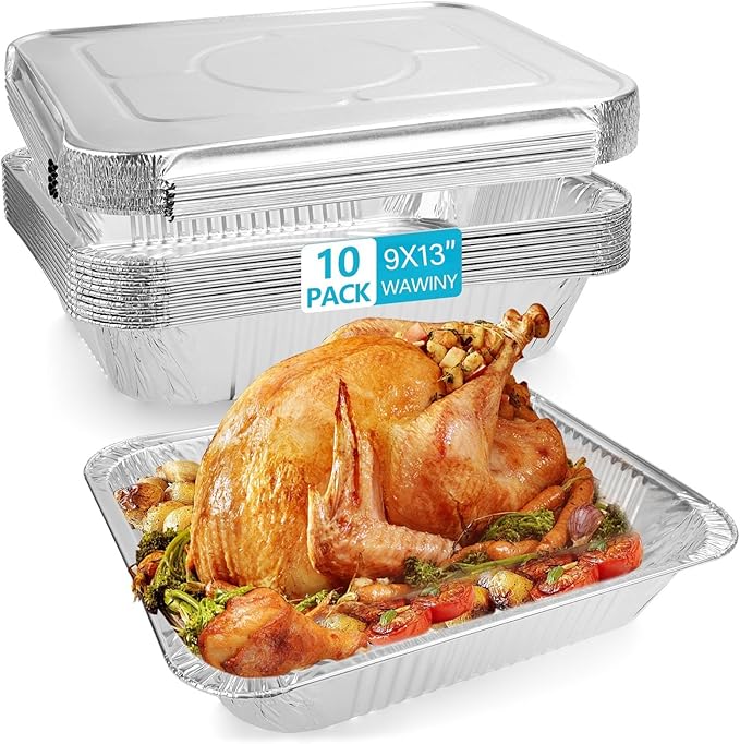 9x13 In Aluminum Pans with Lids, 10PCS Extra Deep Disposable Baking Pans for Roasting, Baking, Cooking, Food Prep, Chafing, Steam Table, Oven, Cake, and Party Catering.