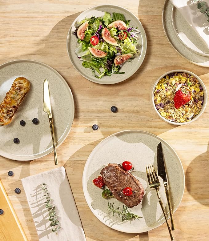 TheTerra Ceramic Dinnerware Sets with Pasta Bowls for 4, 16 Pieces Porcelain Lightweight Speckled Plates and Bowls Sets, Scratch Resistant Dish Set, Oven & Microwave & Dishwasher Safe, Cappuccino