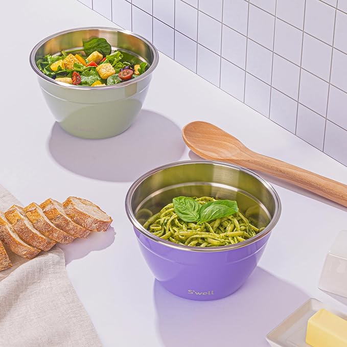 S'well Stainless Steel Salad Bowl Kit 64oz, Mountain Sage, Comes with 2oz Mini Canister and Removable Tray for Organization, Leakproof, Easy to Clean, Dishwasher Safe