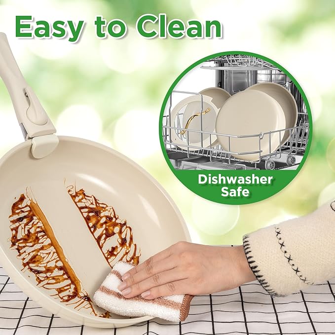 20pcs Ceramic Cookware Set Nonstick, Detachable Handle Pots and Pans Set, RV Kitchen Set Removable Handle for Cooking, Non Toxic, No PFAS & PTFE & PFOA, Dishwasher/Oven Safe, Cream White