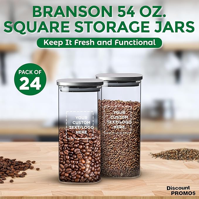 DISCOUNT PROMOS Custom Branson 53 oz. Square Storage Jars Set of 24, Personalized Bulk Pack - Durable Kitchen Organization, Home Decor Essentials, Food Storage Solutions - Clear