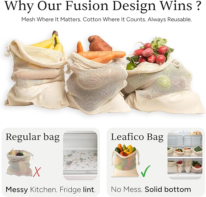 LEAFICO Reusable Produce Bags – 100% Cotton Mesh & Solid Hybrid (XL 14x18 inch 6 Pcs) – Extra Large Bags for Potatoes, Laundry, Toys, Bulk Storage – Washable, Plastic-Free, Breathable, Zero Waste