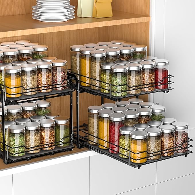 RCHYFEED Spice Rack Organizer for Cabinet, 2 Tier Pull Out Spice Racks for Inside Cabinets & Pantry, Height Adjustable Heavy Duty Vertical Spice Shelf for Seasoning Organizer(9.5" Wx10.5 Dx9.5 H)