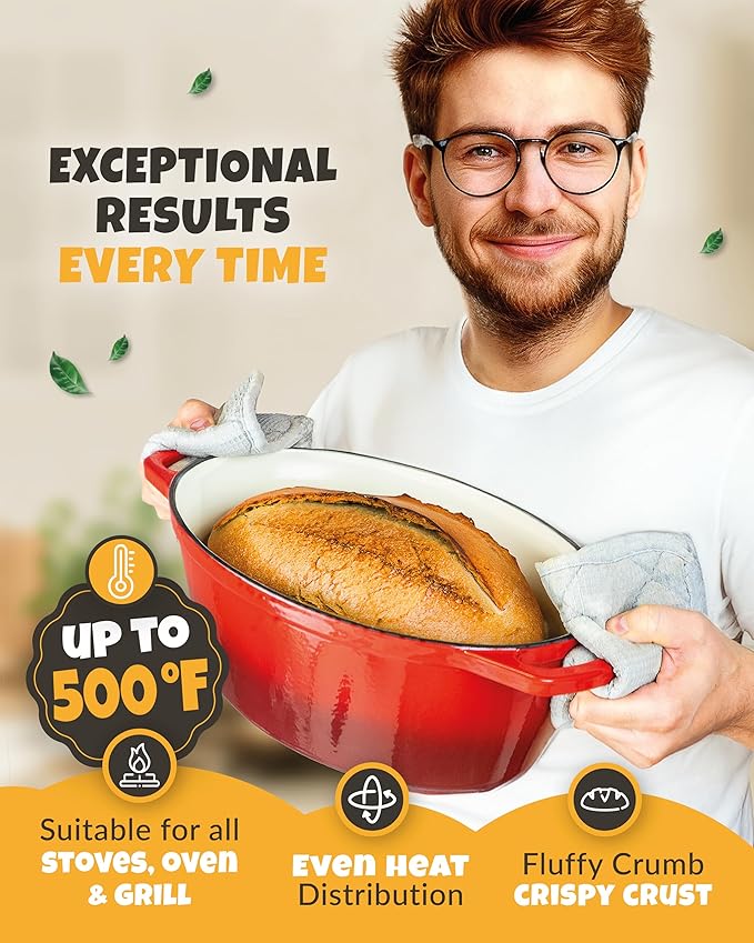 Dutch Oven for Bread Baking - incl. Sourdough Bread-Baking Supplies like Banneton Bread-Proofing Basket - 6.75QT Enameled Oval Cast Iron Bread-Oven with Lid, Bread-Pan Sour Dough Starter Kit