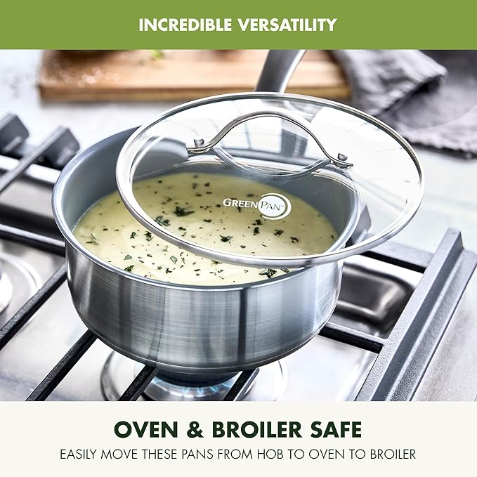 GreenPan Stainless Steel Treviso 2.1QT Saucepan with Lid, Healthy Ceramic Nonstick, PFOA-Free PFAS-Free, Induction, Dishwasher Safe, Oven Safe, Even Heating, Silver