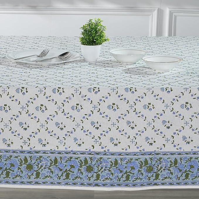 Ridhi Powder Blue Hand Block Print Cotton Rectangle Tablecloth 108 x 60 inch-Reusable Table Cover Decorative Everyday Use for Dining Room, Farmhouse, Thanksgiving, Christmas Wedding, Fall