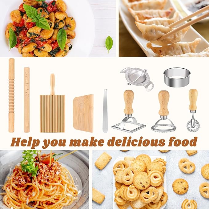 10 Pcs Pasta Making Tools Kit, Wooden Threaded Rolling Pin, Rolling Pin With Scales, Gnocchi Board, Dough Scraper, Dumpling Maker, 5 Ravioli Stamp Maker Cutter For Pasta Maker And Kitchen DIY Gift