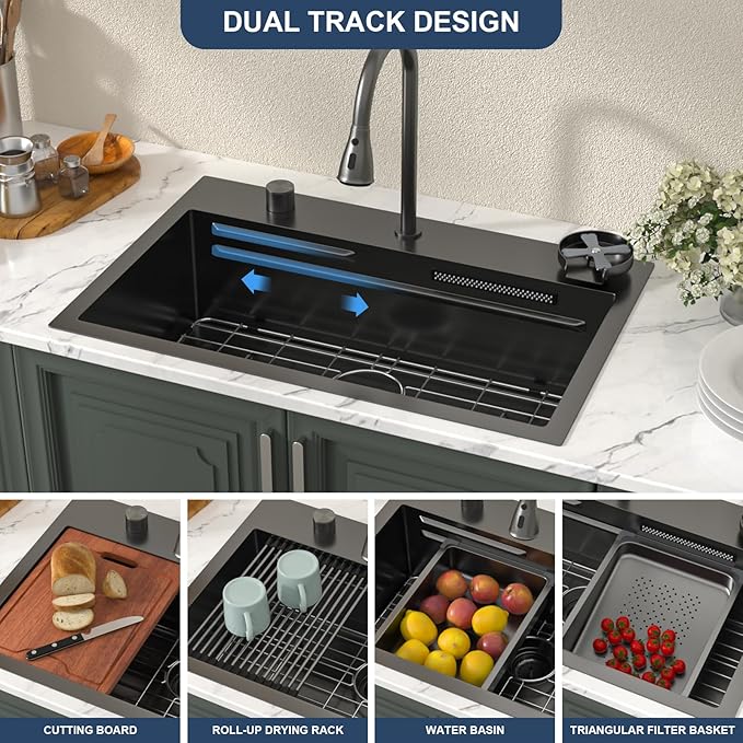 Lordear 31 Black Drop in Waterfall Kitchen Sink -31"x20" Drop In Kitchen Sink Ledge Workstation Gunmetal Black 16 Gauge Single Bowl Topmount Handmade Sinks with Pull Out Faucet