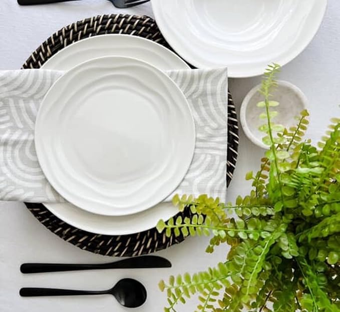 White Porcelain Dinnerware Set for 4–12-Piece Plates and Bowls Sets with Natural Waves – Durable, Microwave, Oven, Dishwasher Safe, Scratch Resistant Modern China Dish Set, stylish, everyday tableware