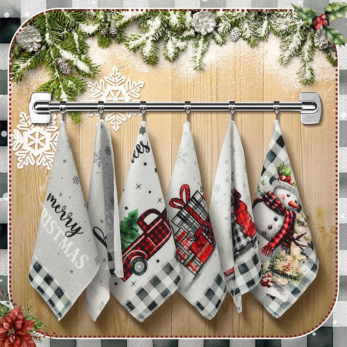 36 Pcs Christmas Reusable Paper Towels Rolls Washable Bulk Winter Christmas Snowman Snowflake Black White Plaid Dish Towels Paperless Cloth Cotton Napkins with Cardboard for Kitchen Bathroom