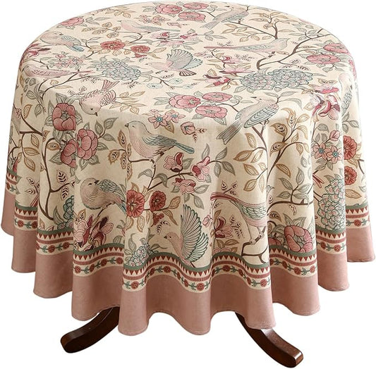 patdrea Designer Vintage Round Tablecloth,Pink Linen Table Cloth with Birds Pattern,Colorful Decoration French Table Cover for Kitchen Dining,Party,Thanksgiving,Christmas,Diameter 67"-Kulom a