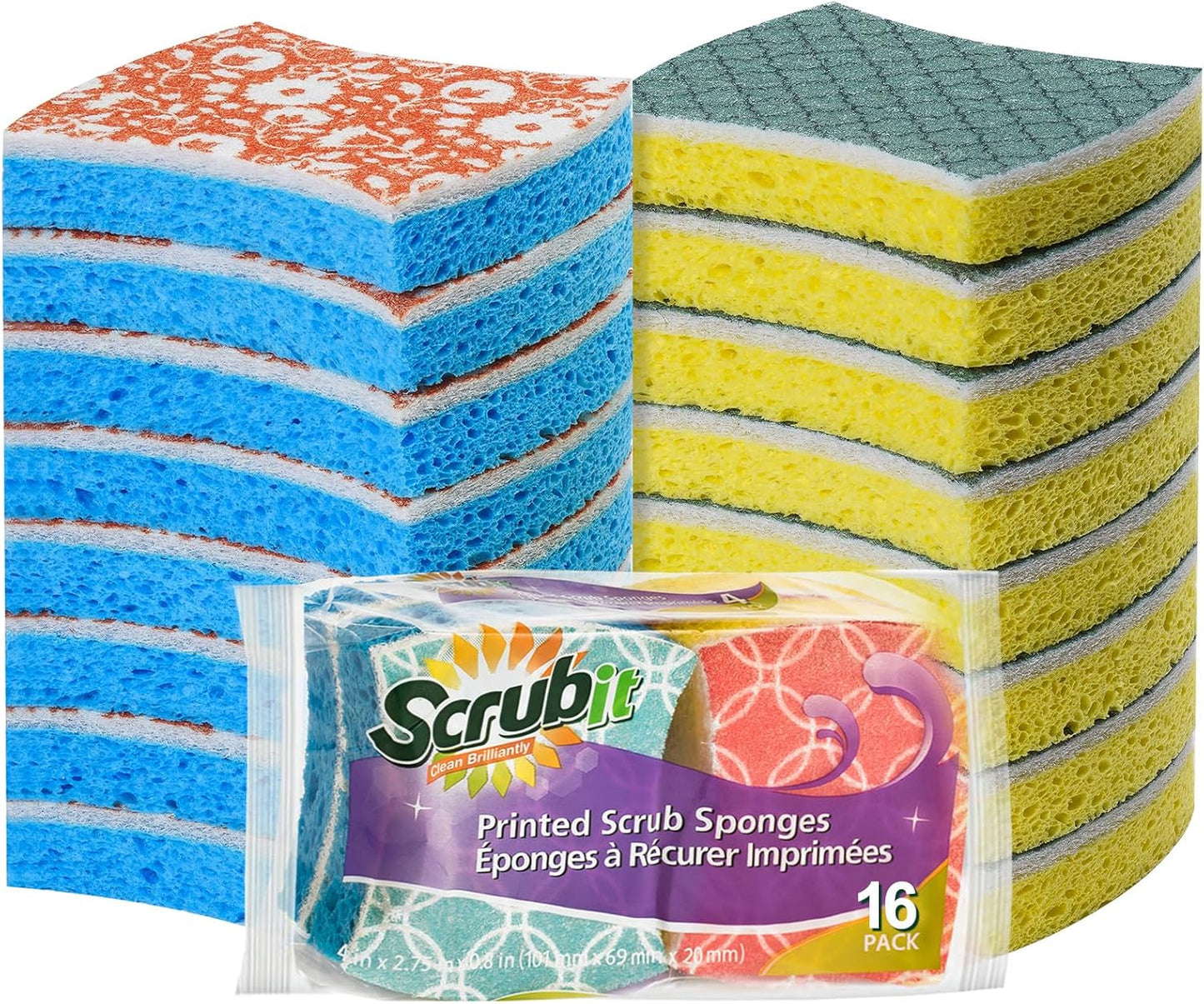 SCRUBIT Non-Scratch Cellulose Scrub Sponge - Soft and Easy Grip - Kitchen Sponges for Cleaning - 16-Pack Dual Sided Scrubby Sponges for Pots, Pans, Kitchen, and More