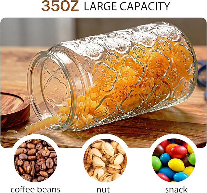 35oz/1000ml Glass Storage Jars with Nature Wood Lids, Airtight Food Storage Containers for Kitchen Organization, Large Capacity for Cookie, Pasta, Sugar, Flour, Cereal - Set of 2