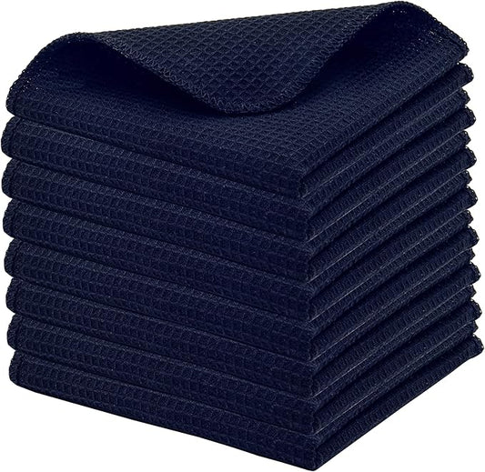 PurpleEssences Dish Cloths and Dish Rags - 8 Pack Waffle Weave Solid Kitchen Dish Wash Cloths, 100% Cotton, 12 x 12 Inches, Ultra Soft Absorbent Quick Drying - Christmas Holiday Winter - Navy Blue