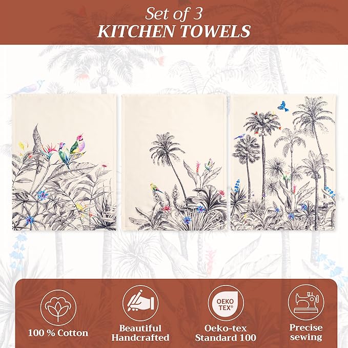 Maison d' Hermine Kitchen Towels Set of 3 100% Cotton 20" x 27.5" Reusable Cloth Tea Dish Towels Absorbent with Hanging Loop for Kitchen Dining Thanksgiving Christmas Decorations (Amazonia)
