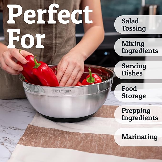 Priority Chef Stainless Steel Mixing Bowls with Lids Set - Premium 30Pcs with 6pc Metal Bowl Set for Kitchen, 3 Graters, Airtight Lids, Non-Slip Bases & Silicone Utensils, Black