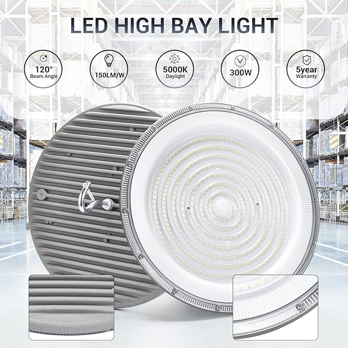 4 Pack 300W UFO Led High Bay Light,120VAC,5000K Daylight Commercial Bay Lighting,IP66 Waterproof,45050LM,1300W MH/HPS with Plug Area Lighting for Warehouse/Shop/Workshop/Barn/Gym/Factory