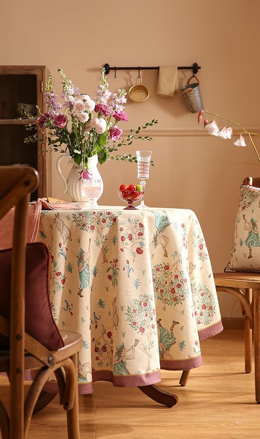 patdrea Designer Beige Tablecloth for Round Tables,Vintage Elegant French Linen with Trees and Kid Pattern Table Cloth,Farmhouse Table Cover Cloth Decor for Kitchen Dining Christmas,Diameter 55"