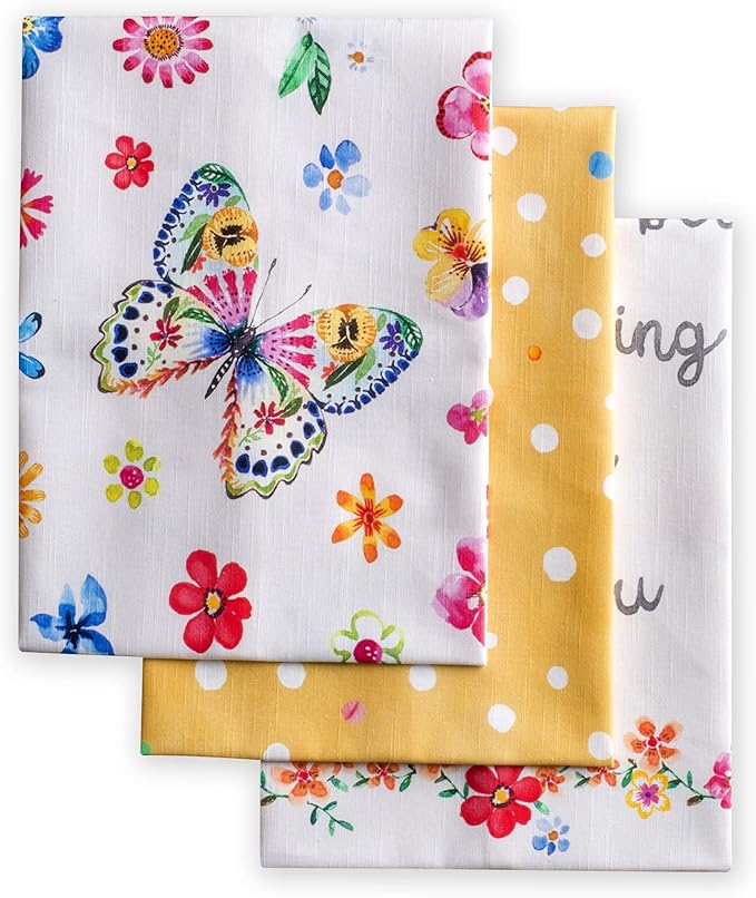 Maison d' Hermine Kitchen Towels Set of 3 100% Cotton 27.50" x 20" Reusable Cloth Tea Dish Towels Absorbent with Hanging Loop for Kitchen, Cocktail Parties Spring/Summer (Happy Florals - Sweety)