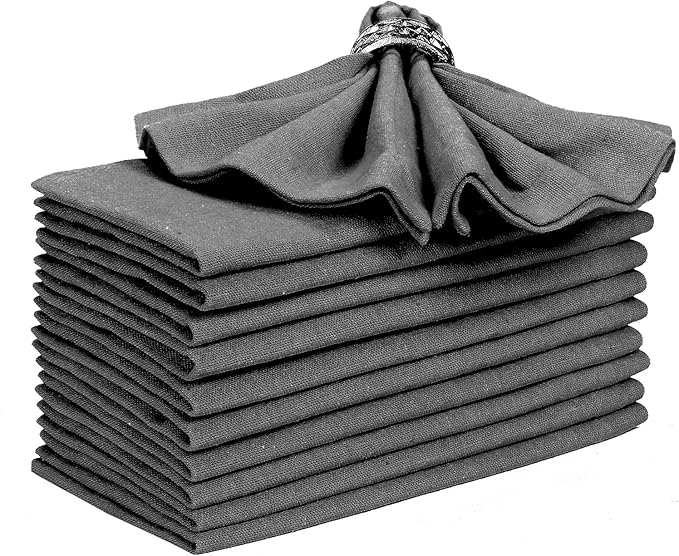 Bedding Craft Everyday Cotton Cloth Napkins Set of 12 – 18x18 Charcoal with Mitered Corners & Generous Hem – Machine Washable Dinner Napkins for Weddings, Cocktails & Dining