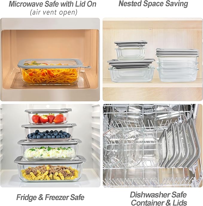 Glass Food Containers with Glass Lid, Microwave Safe Food Storage Container Set, 4 Pack, Airtight Storage Set with Leak Proof Lids, Meal Prep Containers