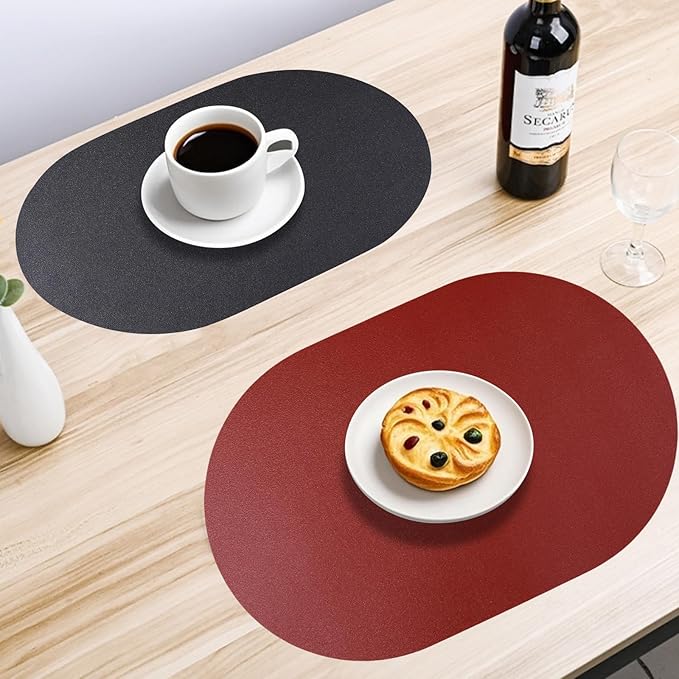 Oval Placemats Set of 6 Reversible Black and Red Faux Leather Placemat Waterproof PU Table Mats Heat Resistant Anti Slip Washable Place Mat for Indoor and Outdoor Dining Table