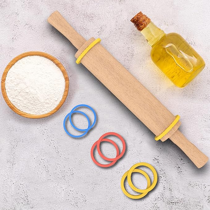 Classic Wooden Rolling Pin with Handle for Fondant, Pizza, Pies, Cookies, Pastries, Rolling Pin for Baking with 3 Multi-Color Thickness Rings, 17"x2.5" (Include handle) Beechwood Rolling Pin