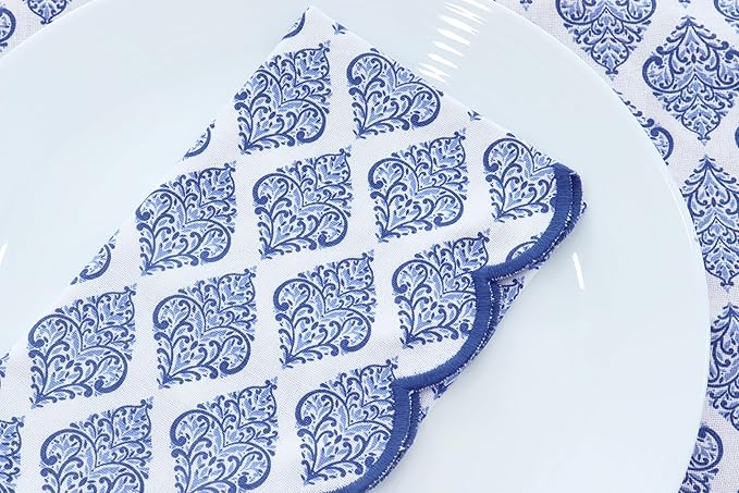 PurpleEssences Scalloped Embroidery Cloth Napkins Christmas Holiday Winter Table Decor 100% Cotton Set of 4-18 x 18 inch - Floral Paisley Edges - Blue