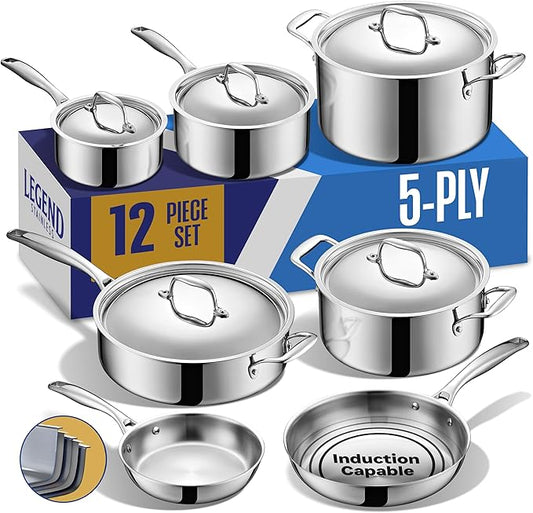 LEGEND COOKWARE Stainless Steel Cookware Set | 5 Ply 12-Piece Pot and Pan Set Induction Compatible, Non-Toxic | Best Heavy Duty 18/8 Full Clad Construction | Oven Safe Even Heating PFOA PTFE PFOS Free