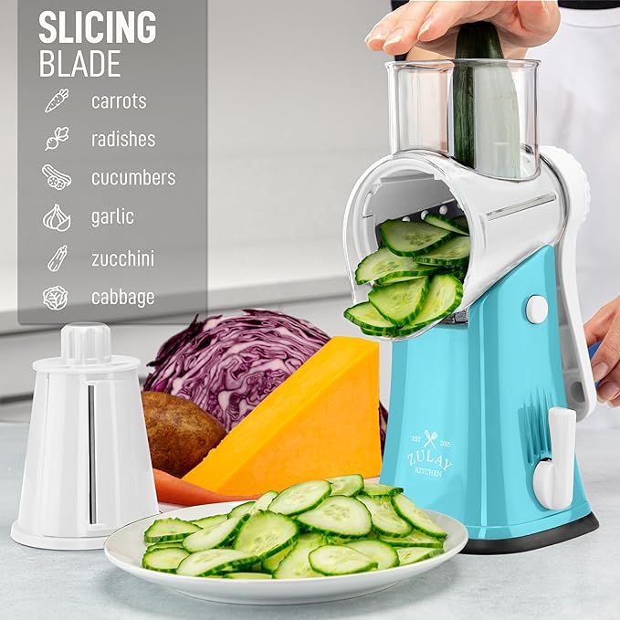 Zulay Kitchen Rotary Cheese Grater 5 Blade Cheese Shredder - Manual Hand Crank Cheese Grater With Reinforced Suction & 5 Interchangeable Drums - Easy to Use, Vegetable Chopper Round Mandoline Slicer