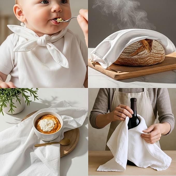 Flour Sack Towels 100% Cotton Dish Towel Reusable Baking Cloth for Bread Dough, Baguettes, Ciabatta, Machine Washable, Kitchen Towels for Cleaning – Set of 6 (18"x18") - White