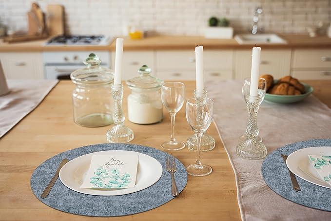 homing Round Faux Leather Placemat and Coaster 8 Packs, Washable Heat Resistant Dining Place Mats, Wipeable Double-Sided Table Mats for Indoor and Outdoor, Diameter 13 and 3.93 inch, Blue