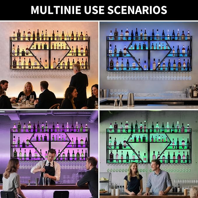 79 Inch Metal Wine Rack Wall Mounted with LED Light, Large Capacity Hanging Wine Bottles Display Shelf with Glasses Holder, for Home Bar Kitchen, Living Room