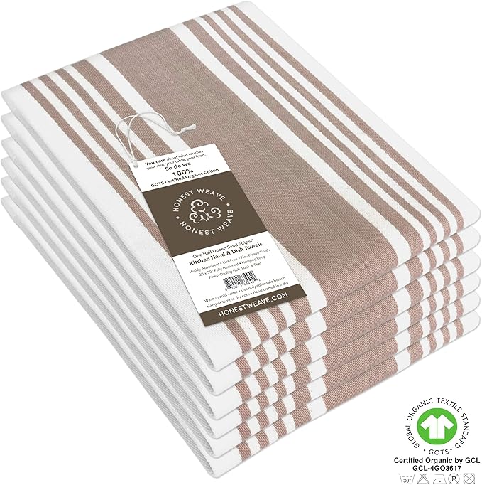 GOTS Certified Organic Cotton Kitchen Hand and Dish Towel Sets - Oversized 20x30 inches, Fully Hemmed, in Designer Colors, 6-Pack, Sand Stripe