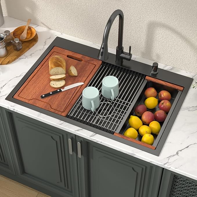 Lordear 33 Drop In Kitchen Sink Matte Black - 33X22 Inch Drop In Sinks Ledge Workstation Black 16 Gauge Stainless Steel Single Bowl Topmount Kitchen Sink Basin with Built- in Accessories