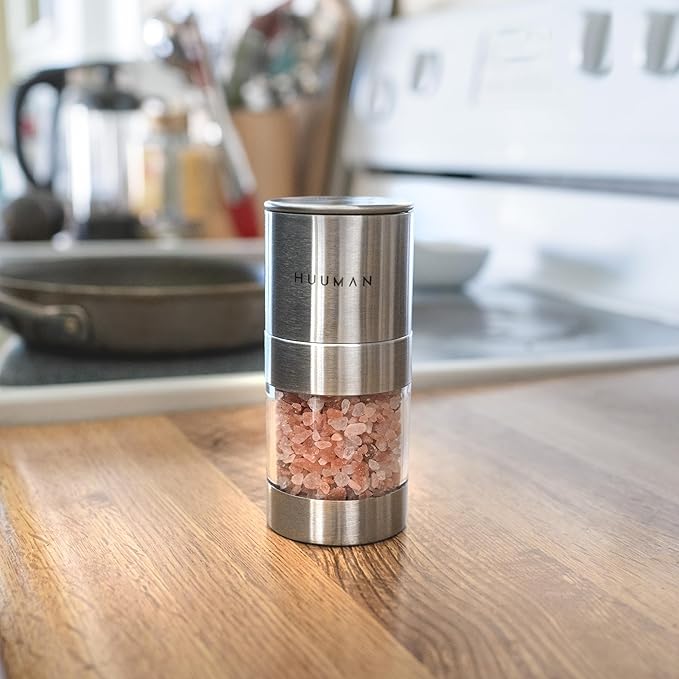 Huuman Salt or Pepper Grinder with Adjustable Coarseness Ceramic Burr, Stainless Steel Manual Salt or Pepper Grinder Perfect for Pink Himalayan Salt, Table Salt, Peppercorns, and Black or White Pepper
