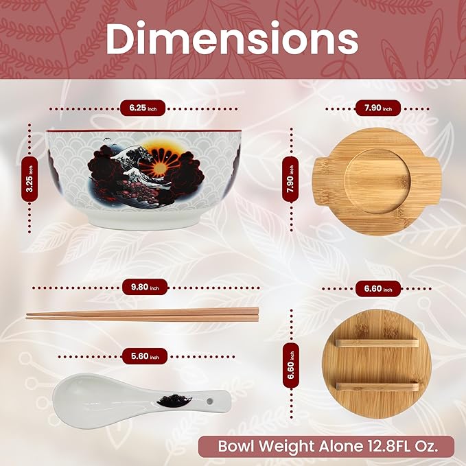 XWORLD Japanese Ceramic Ramen Noodle Bowls Set with Ceramic Spoon, Bamboo Chopsticks, Lid & Trivet, Serving Capacity of 33.8 OZ, Microwavable Oven Safety (3.3” x 6.6” D) (Landscape)