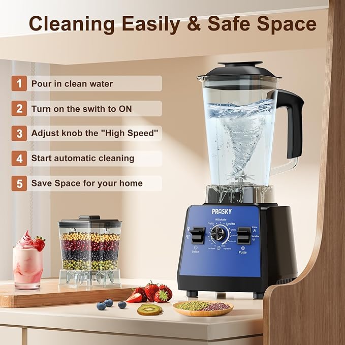 Professional Blender,Smoothies Blenders, PRASKY Max.2400Watts/1000Watts Blender and Grinder Combo 25000RPM Powerful Kitchen 68oz BPA Free 2 Containers Countertop Blenders Ice Crushing (Blue)